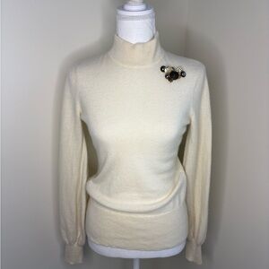 Cream Mock Neck Cashmere Bishop Sleeves Sweater with Buttons. Small